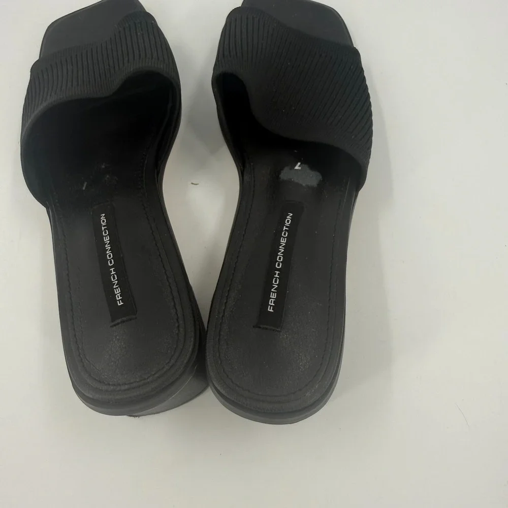 French Connection Slide Sandals Womens US 9 Black Upper Knit Open Toe Block Heel